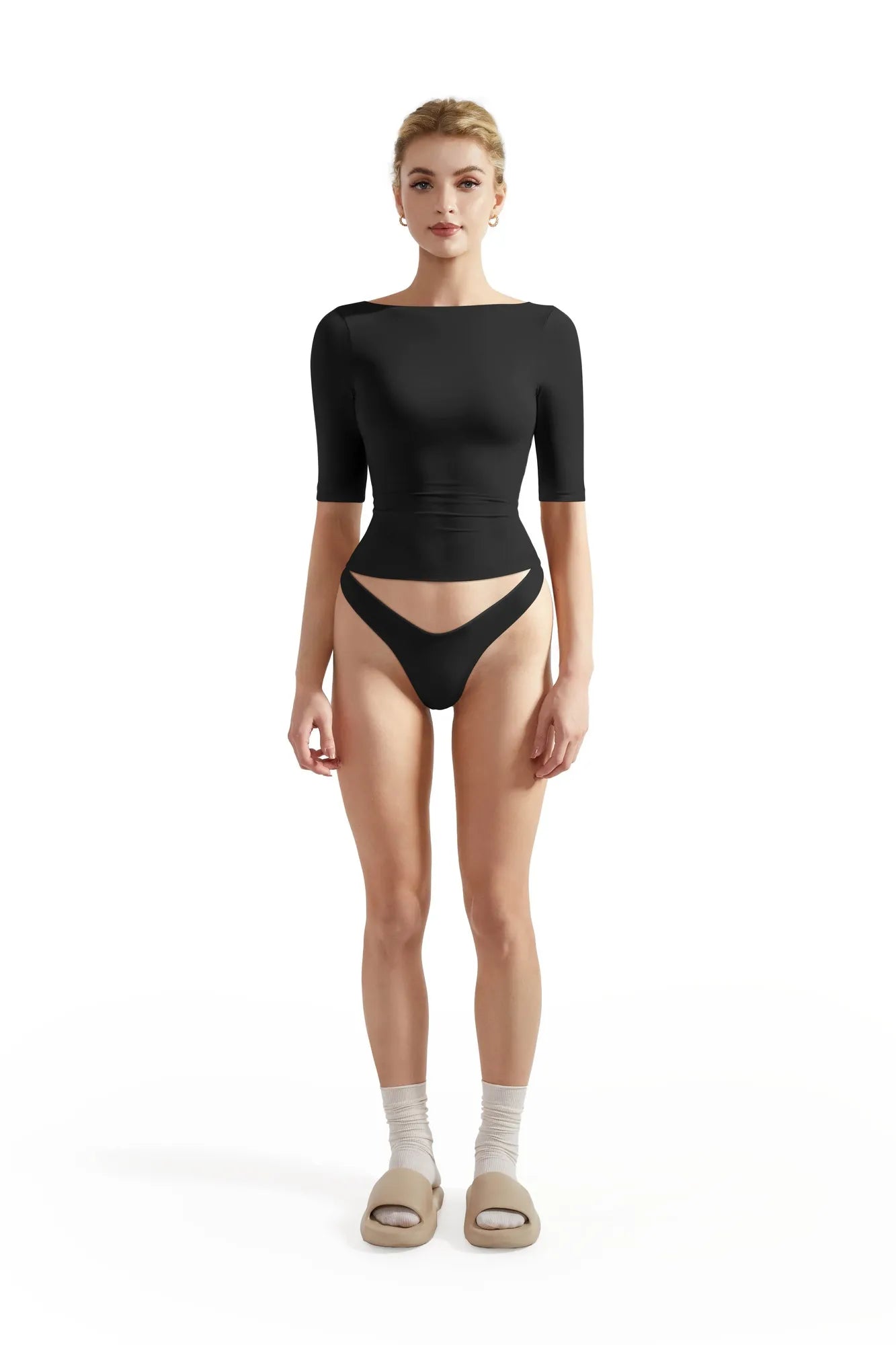Tight Fitted Half Sleeve Boat Neck Shirt-SUUKSESS-SUUKSESS