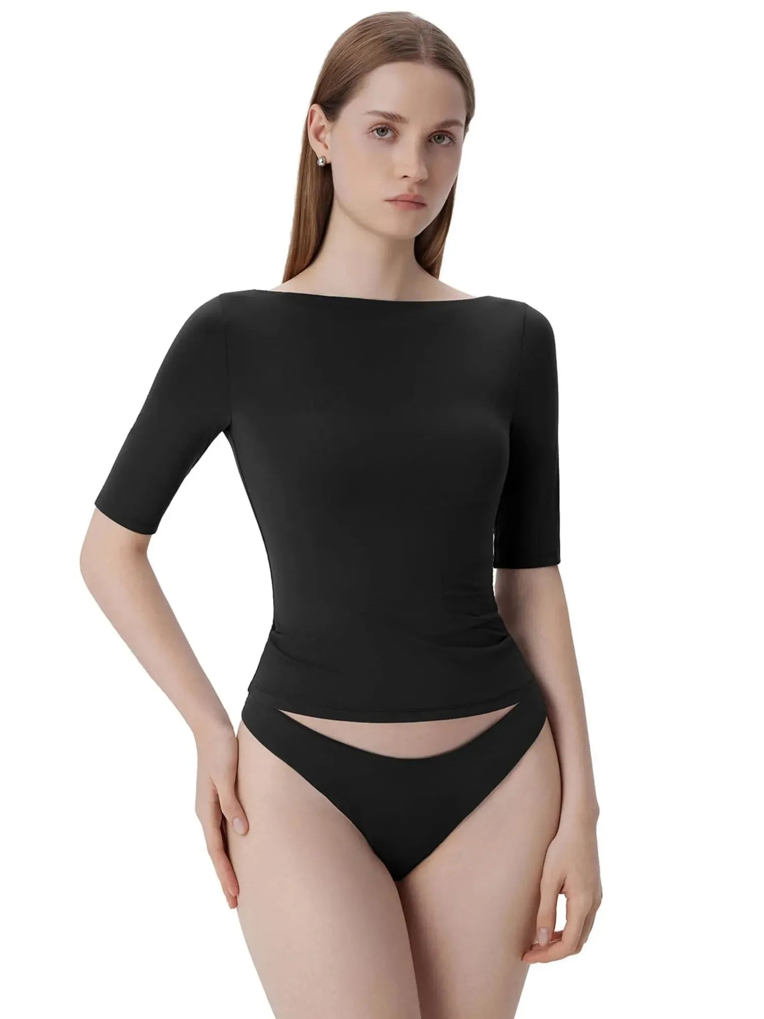 Tight Fitted Half Sleeve Boat Neck Shirt-SUUKSESS-SUUKSESS