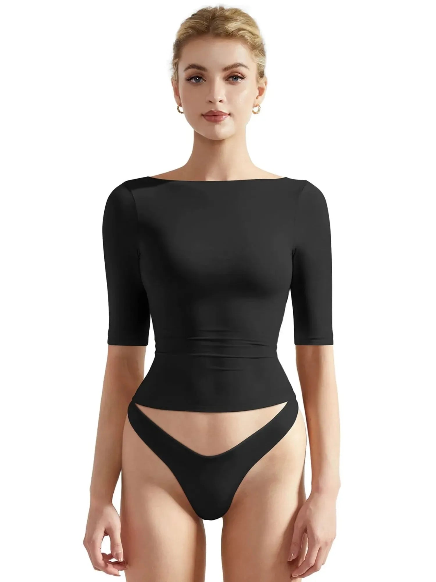 Tight Fitted Half Sleeve Boat Neck Shirt-SUUKSESS-SUUKSESS