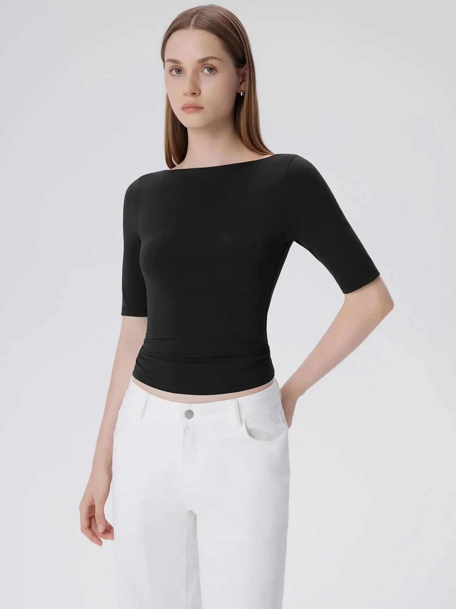 Tight Fitted Half Sleeve Boat Neck Shirt-SUUKSESS-SUUKSESS