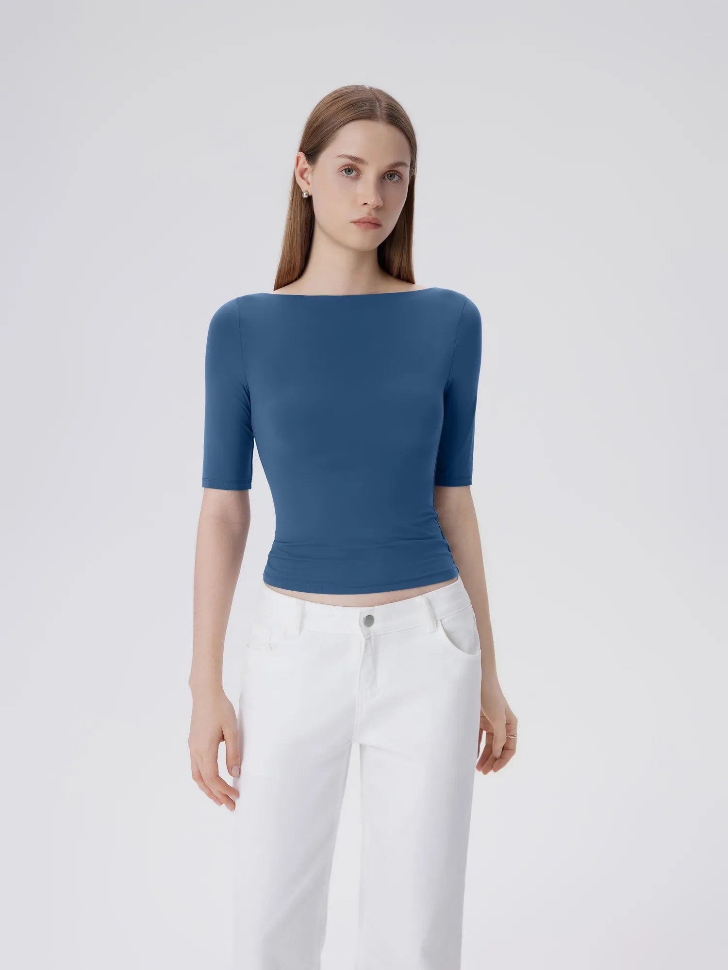 Tight Fitted Half Sleeve Boat Neck Shirt-SUUKSESS-Blue-XS-SUUKSESS