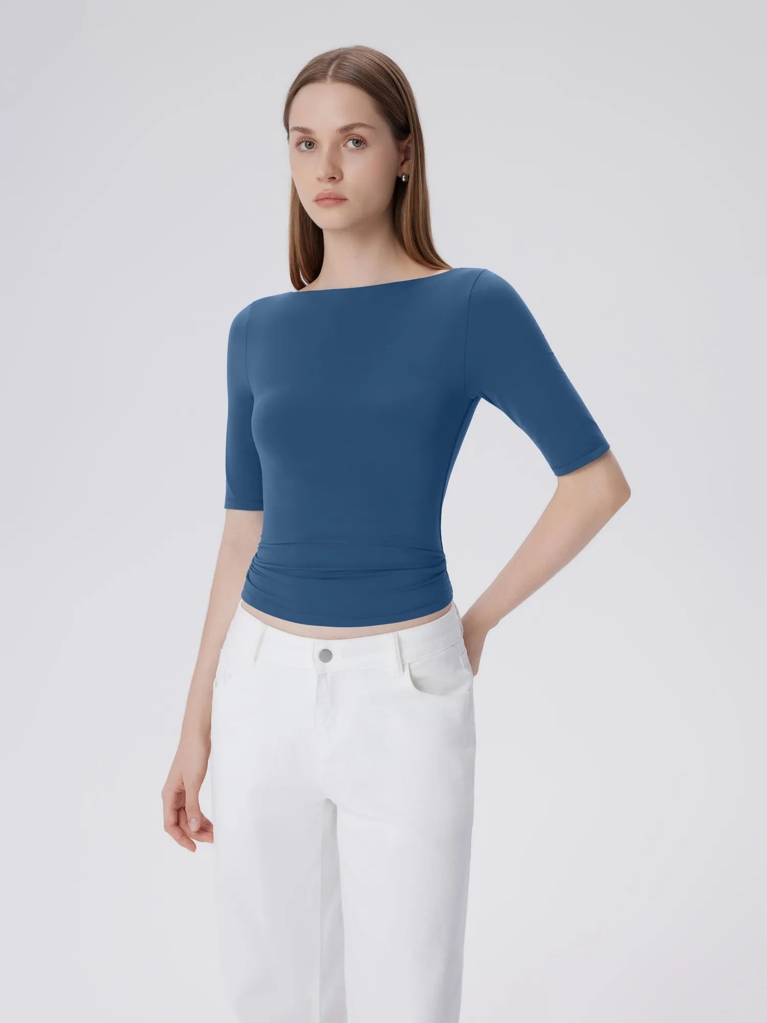 Tight Fitted Half Sleeve Boat Neck Shirt-SUUKSESS-SUUKSESS