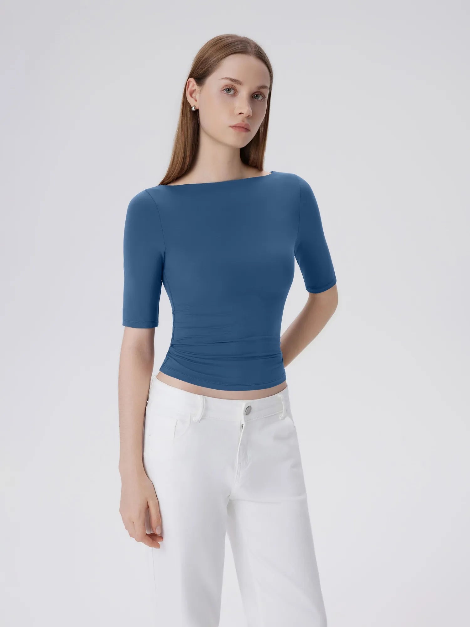 Tight Fitted Half Sleeve Boat Neck Shirt-SUUKSESS-SUUKSESS
