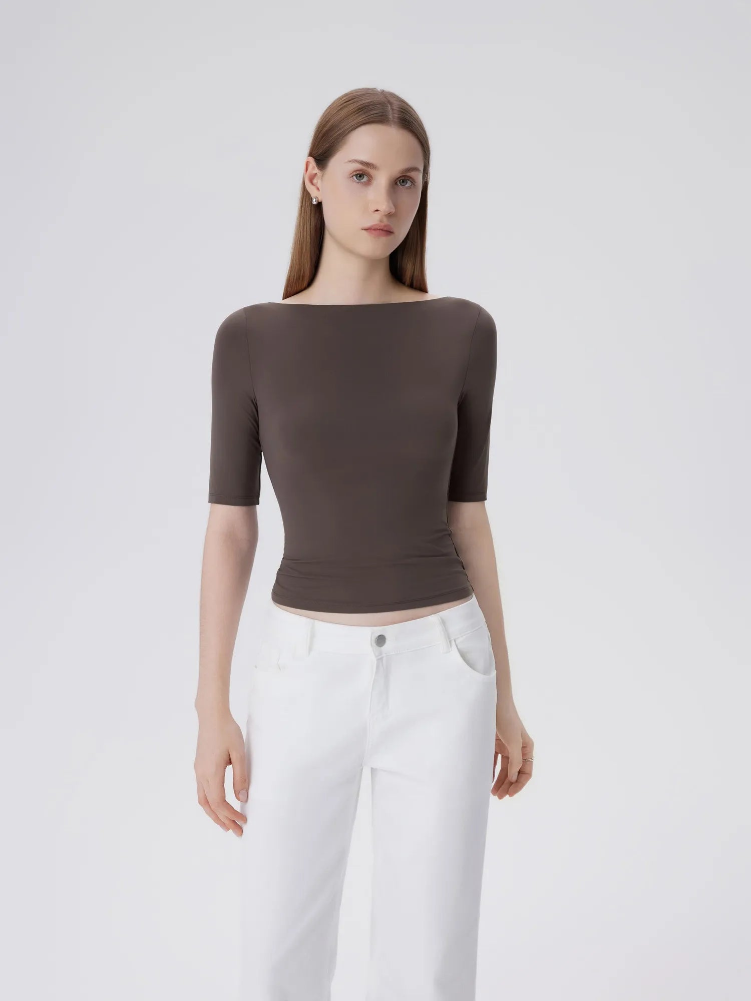 Tight Fitted Half Sleeve Boat Neck Shirt-SUUKSESS-Brown-XS-SUUKSESS