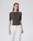 Tight Fitted Half Sleeve Boat Neck Shirt-SUUKSESS-Brown-XS-SUUKSESS