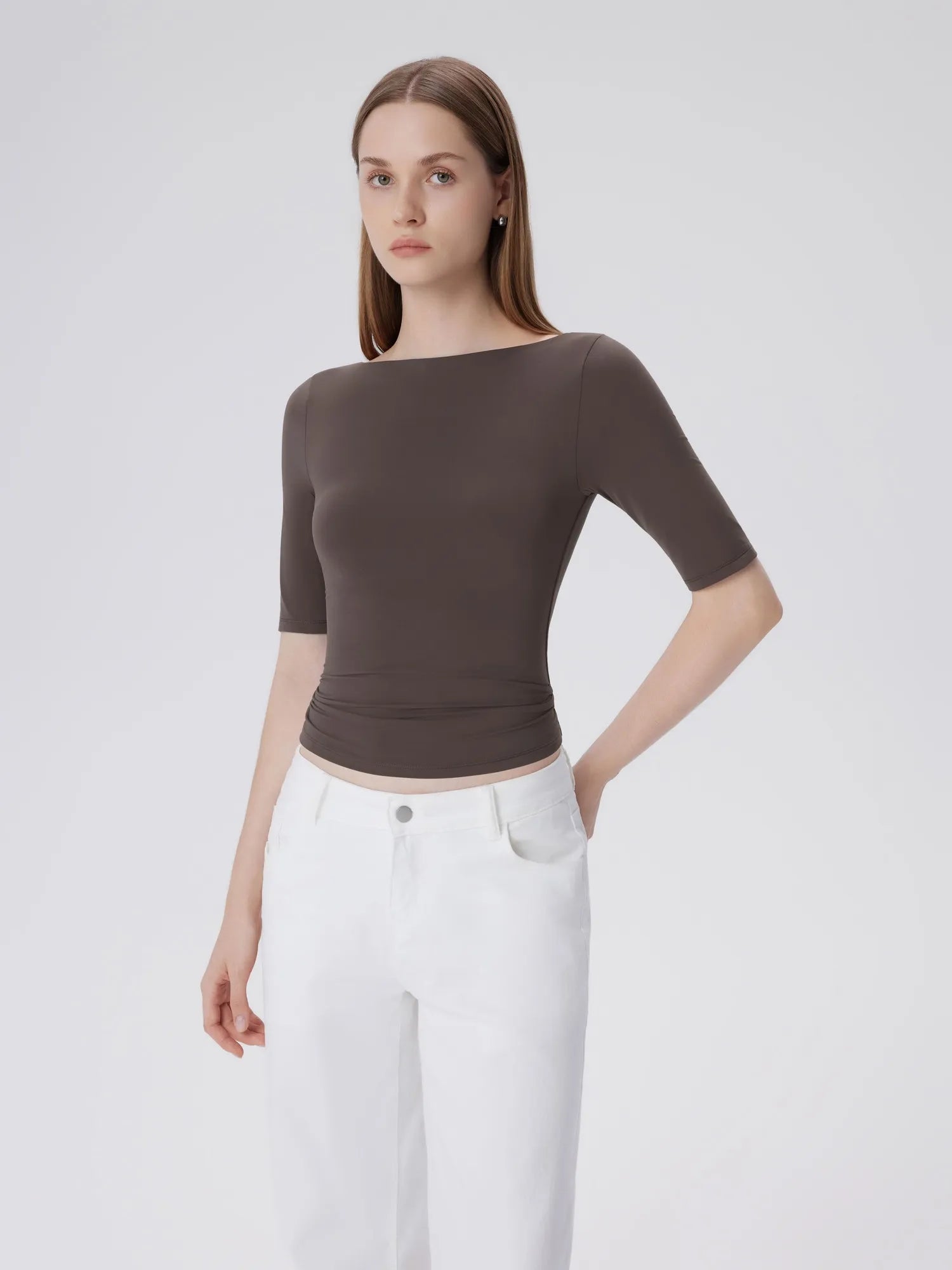 Tight Fitted Half Sleeve Boat Neck Shirt-SUUKSESS-SUUKSESS