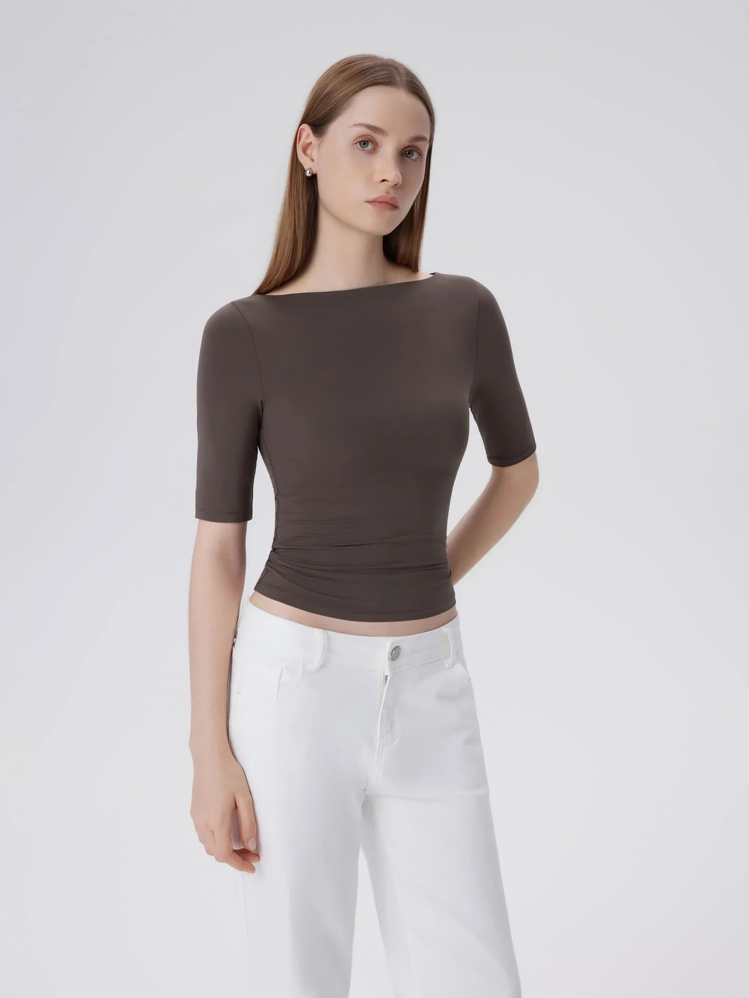 Tight Fitted Half Sleeve Boat Neck Shirt-SUUKSESS-SUUKSESS