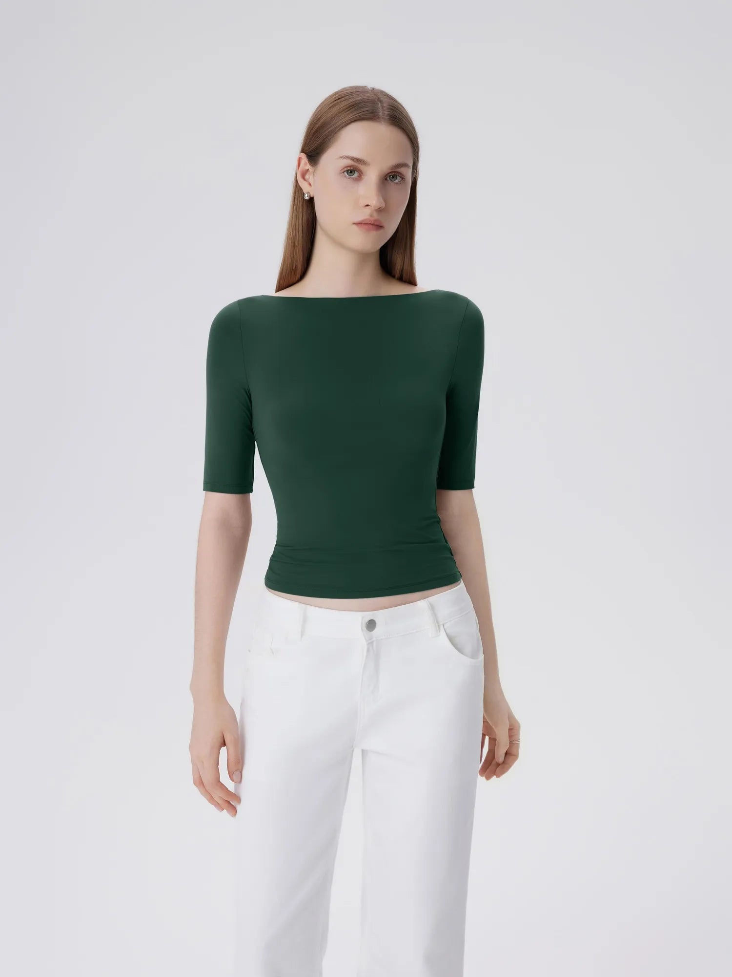 Tight Fitted Half Sleeve Boat Neck Shirt-SUUKSESS-Dark Green-XS-SUUKSESS