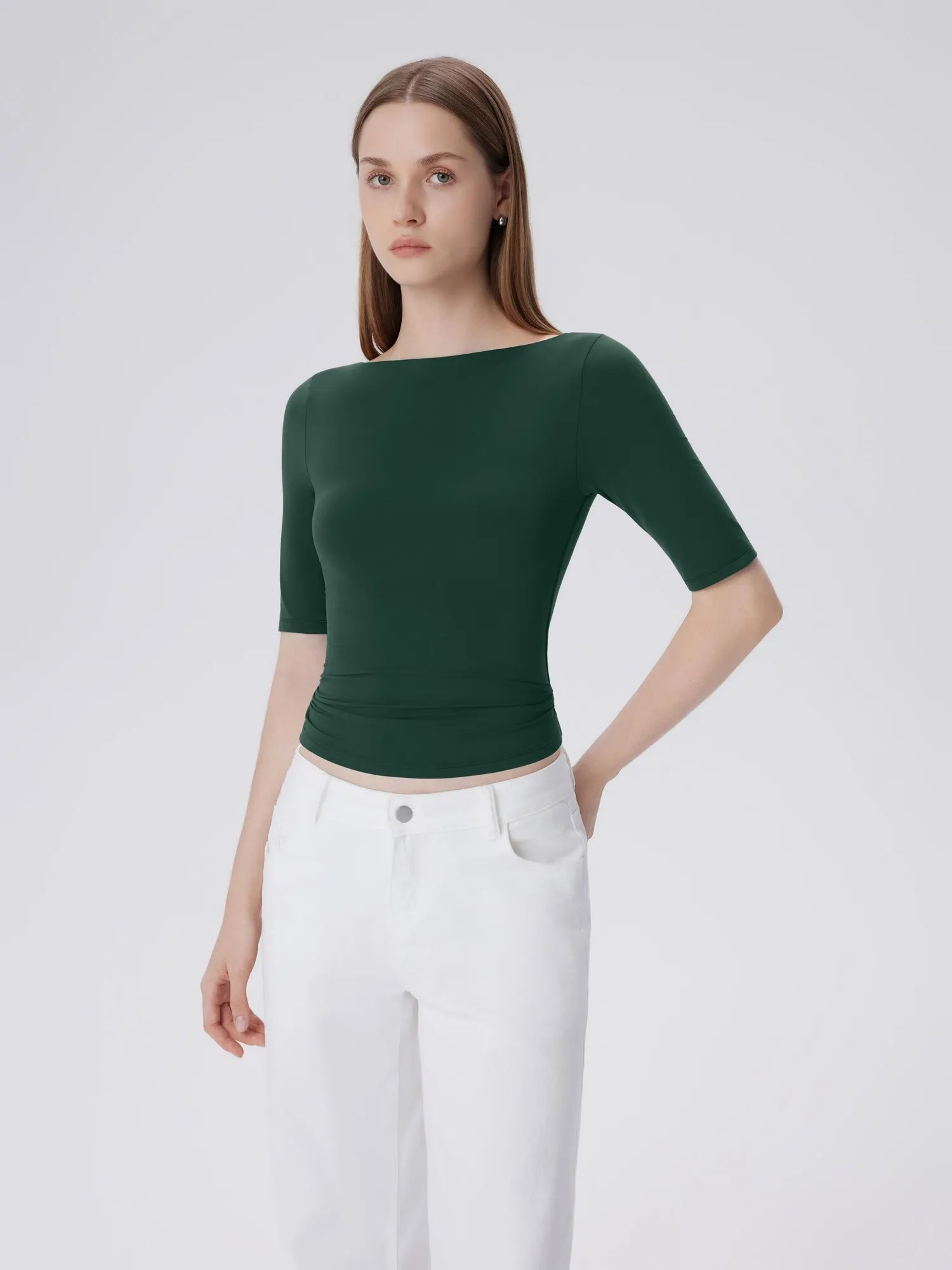 Tight Fitted Half Sleeve Boat Neck Shirt-SUUKSESS-SUUKSESS