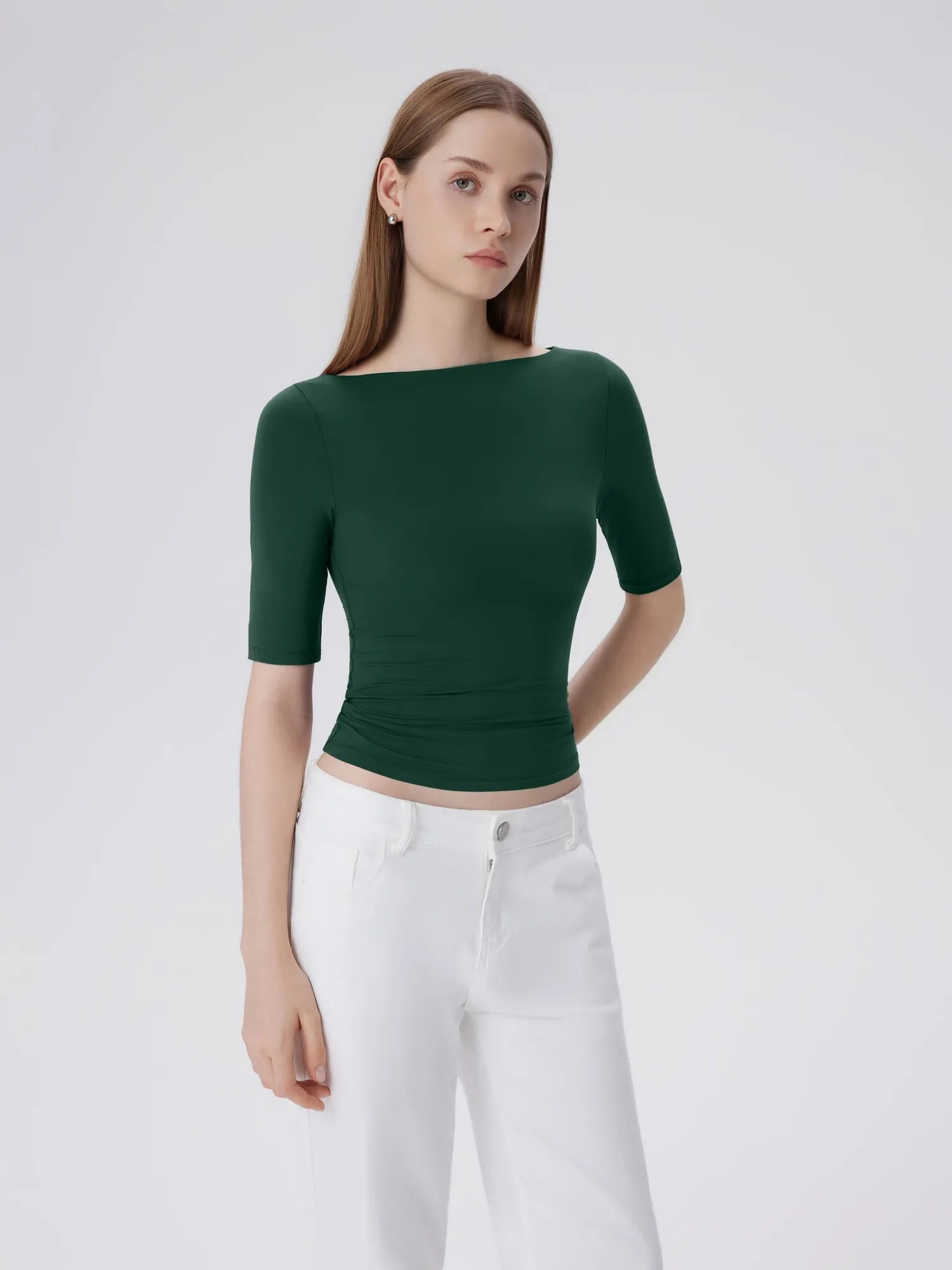 Tight Fitted Half Sleeve Boat Neck Shirt-SUUKSESS-SUUKSESS