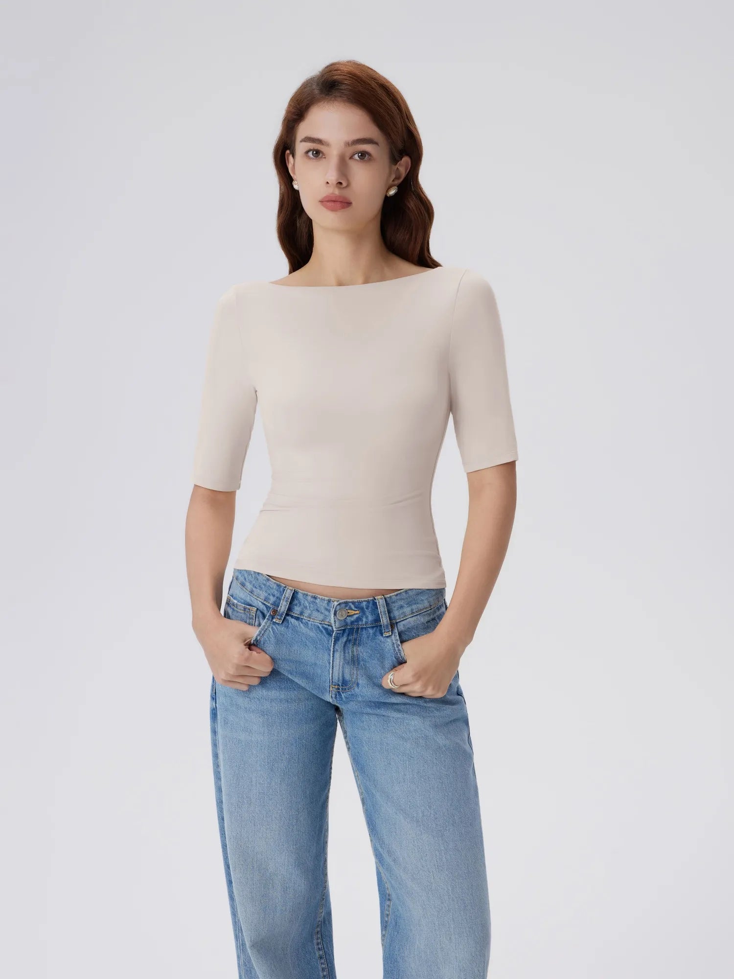 Tight Fitted Half Sleeve Boat Neck Shirt-SUUKSESS-Stone-XS-SUUKSESS