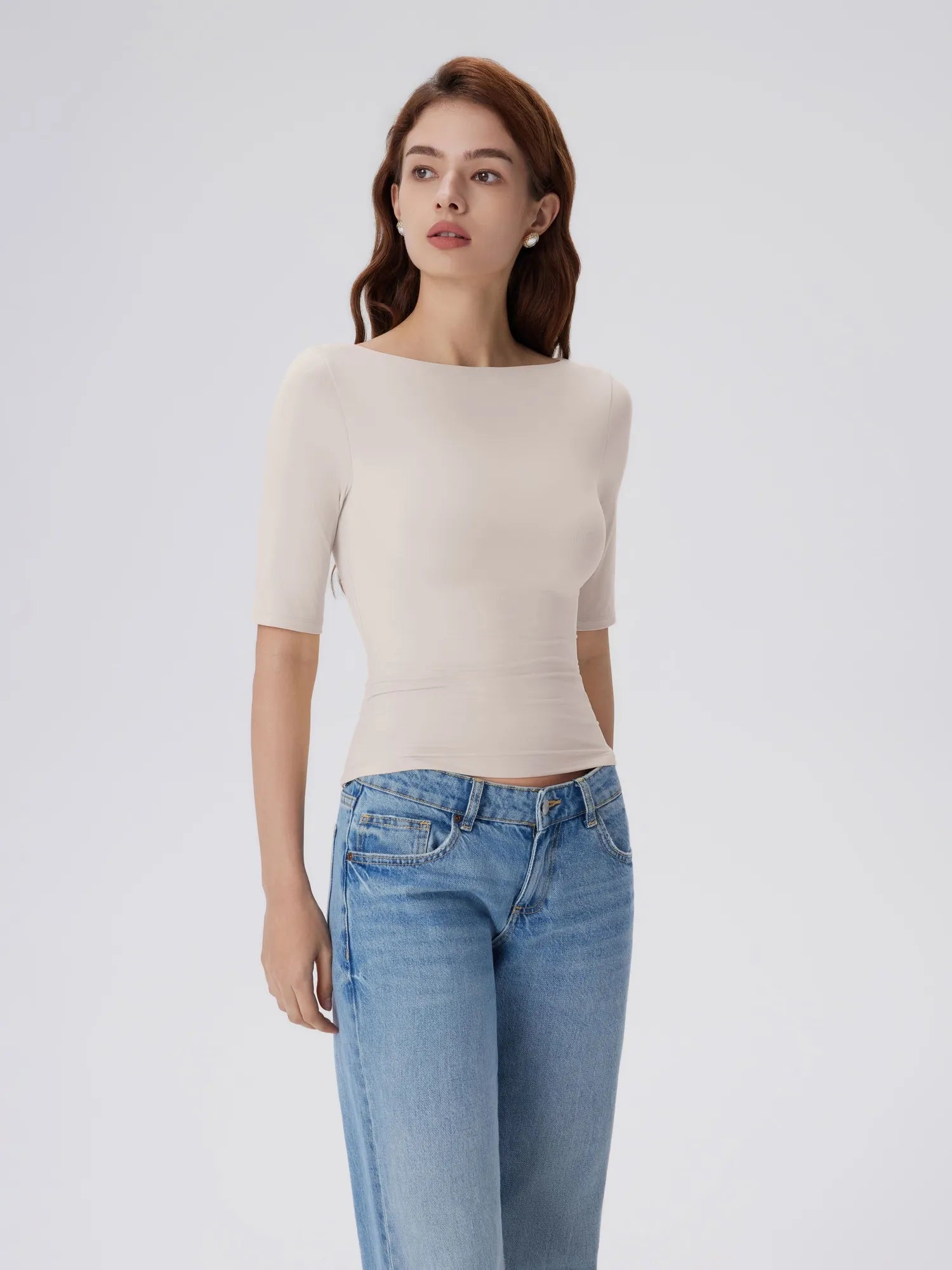 Tight Fitted Half Sleeve Boat Neck Shirt-SUUKSESS-SUUKSESS