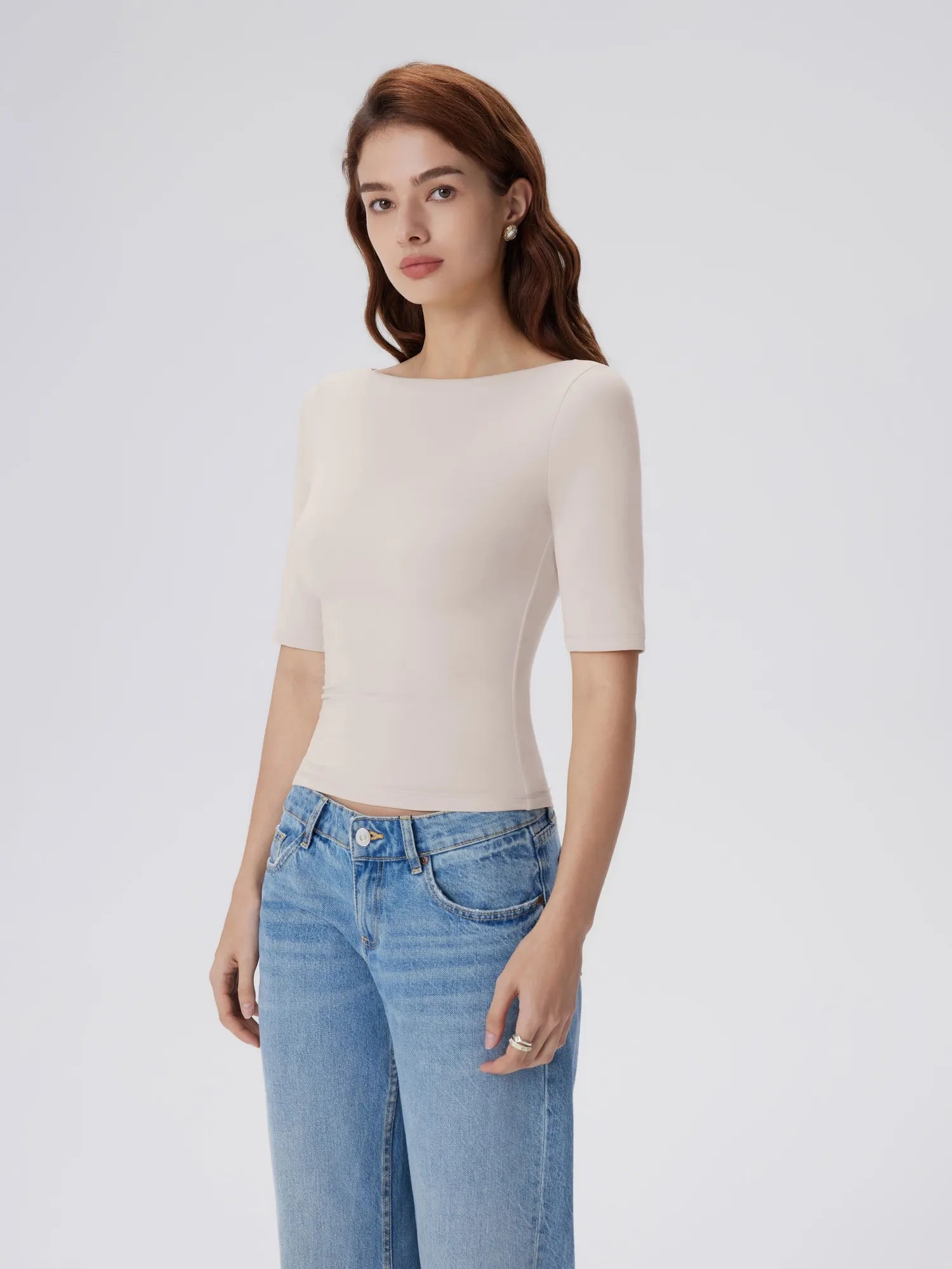 Tight Fitted Half Sleeve Boat Neck Shirt-SUUKSESS-SUUKSESS