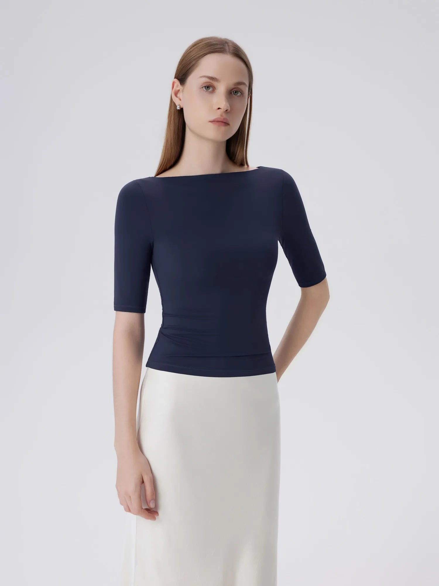 Tight Fitted Half Sleeve Boat Neck Shirt-SUUKSESS-Navy Blue-XS-SUUKSESS