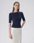 Tight Fitted Half Sleeve Boat Neck Shirt-SUUKSESS-Navy Blue-XS-SUUKSESS