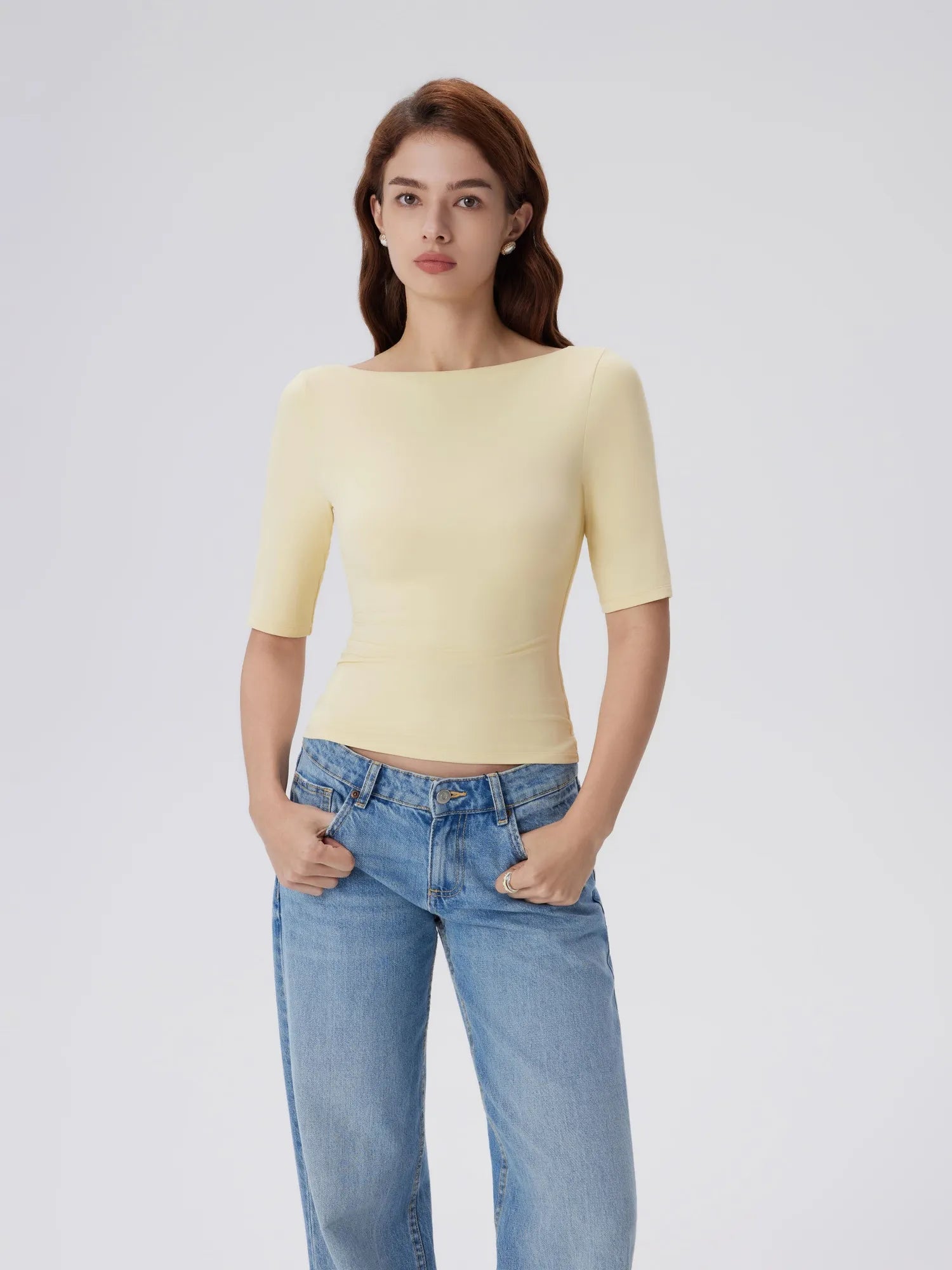 Tight Fitted Half Sleeve Boat Neck Shirt-SUUKSESS-Butter Yellow-XS-SUUKSESS