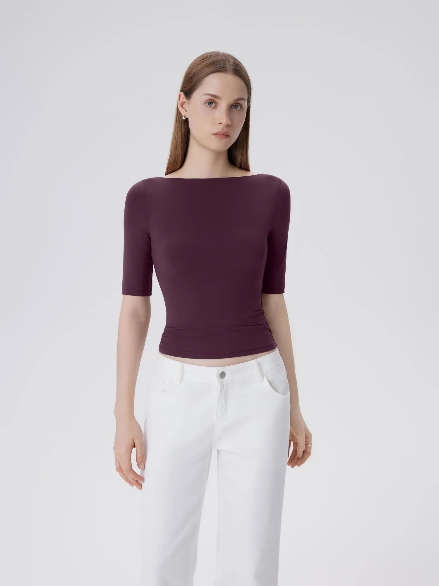 Tight Fitted Half Sleeve Boat Neck Shirt-SUUKSESS-Violet-XS-SUUKSESS