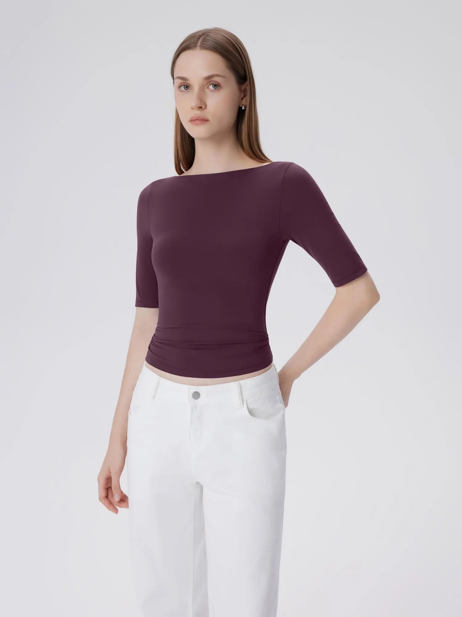 Tight Fitted Half Sleeve Boat Neck Shirt-SUUKSESS-SUUKSESS