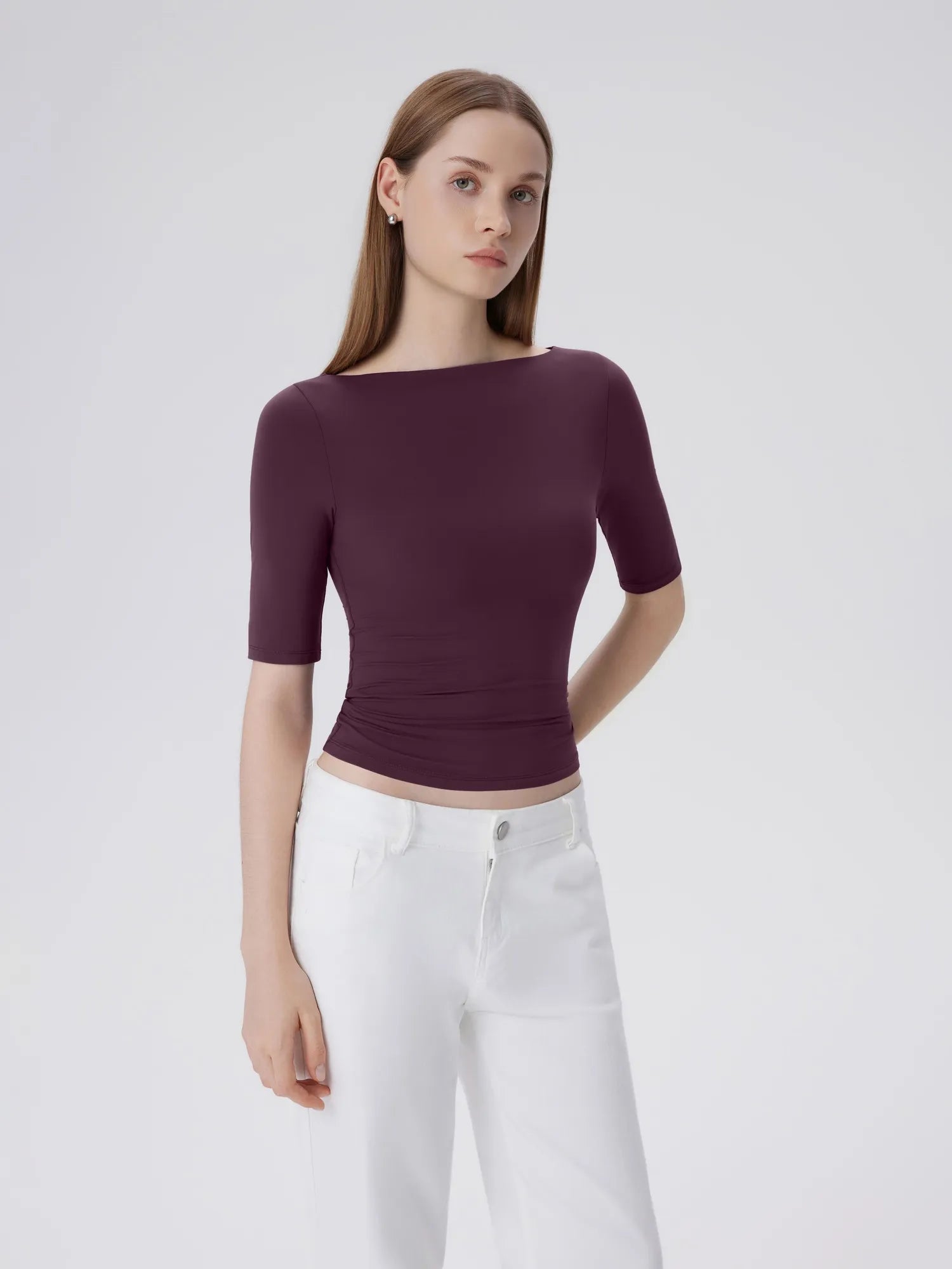 Tight Fitted Half Sleeve Boat Neck Shirt-SUUKSESS-SUUKSESS