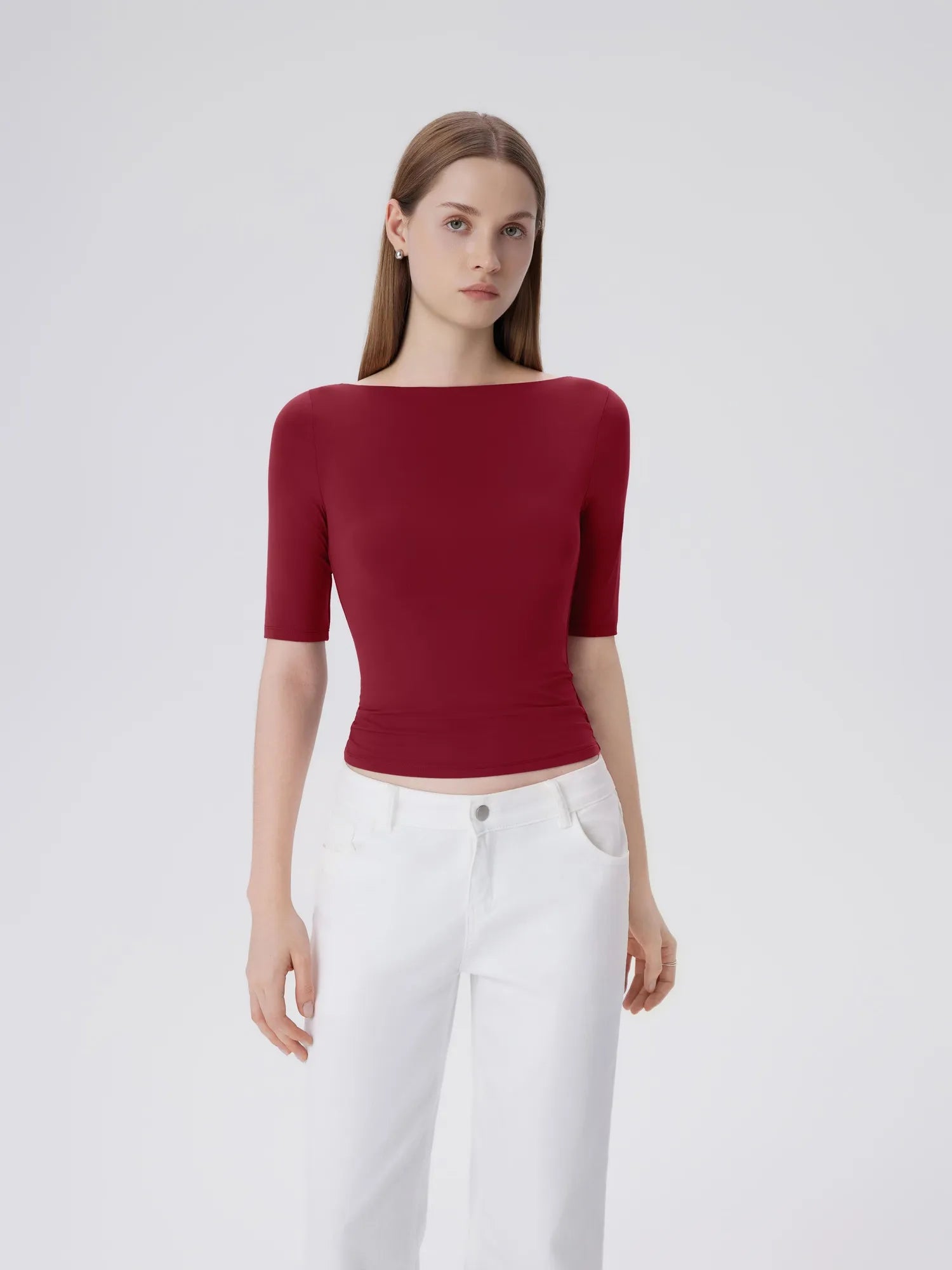 Tight Fitted Half Sleeve Boat Neck Shirt-SUUKSESS-Wine Red-XS-SUUKSESS