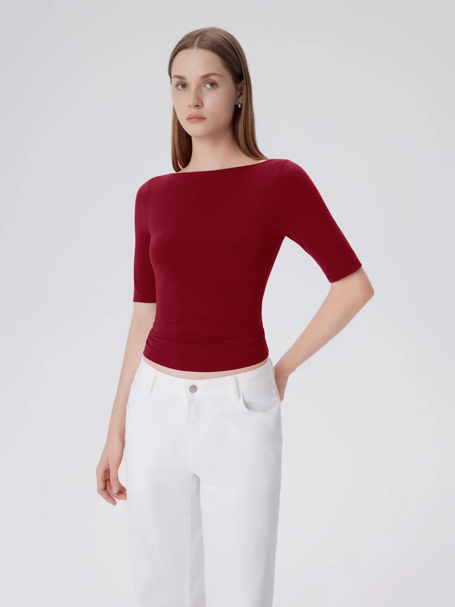 Tight Fitted Half Sleeve Boat Neck Shirt-SUUKSESS-SUUKSESS