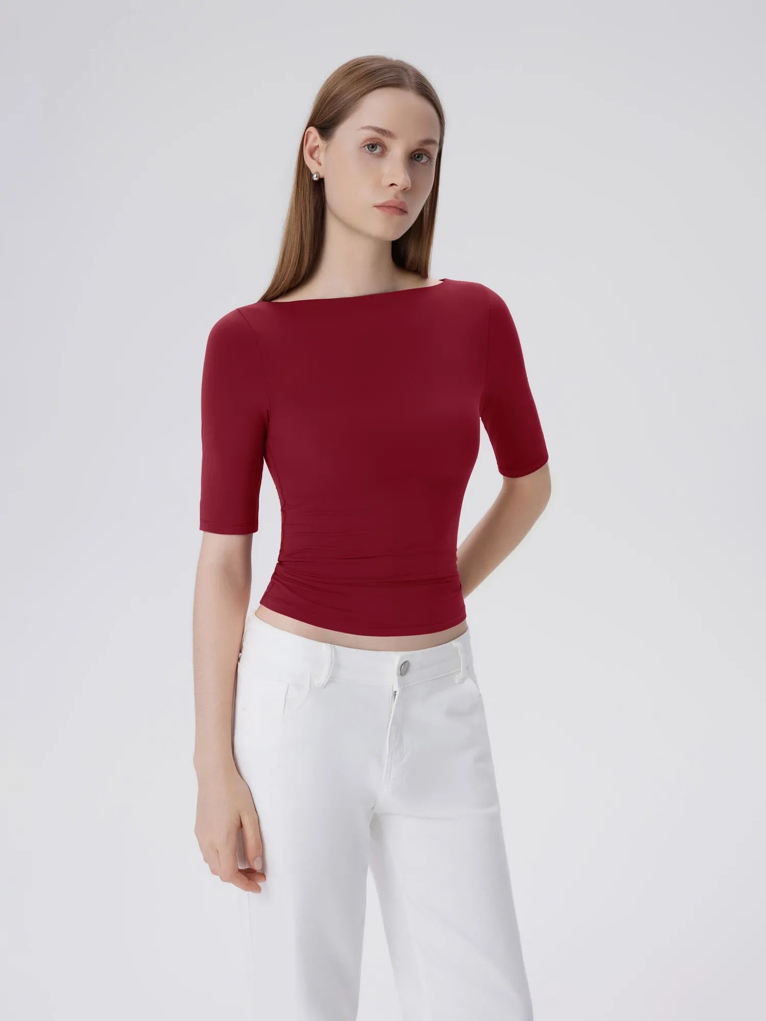 Tight Fitted Half Sleeve Boat Neck Shirt-SUUKSESS-SUUKSESS
