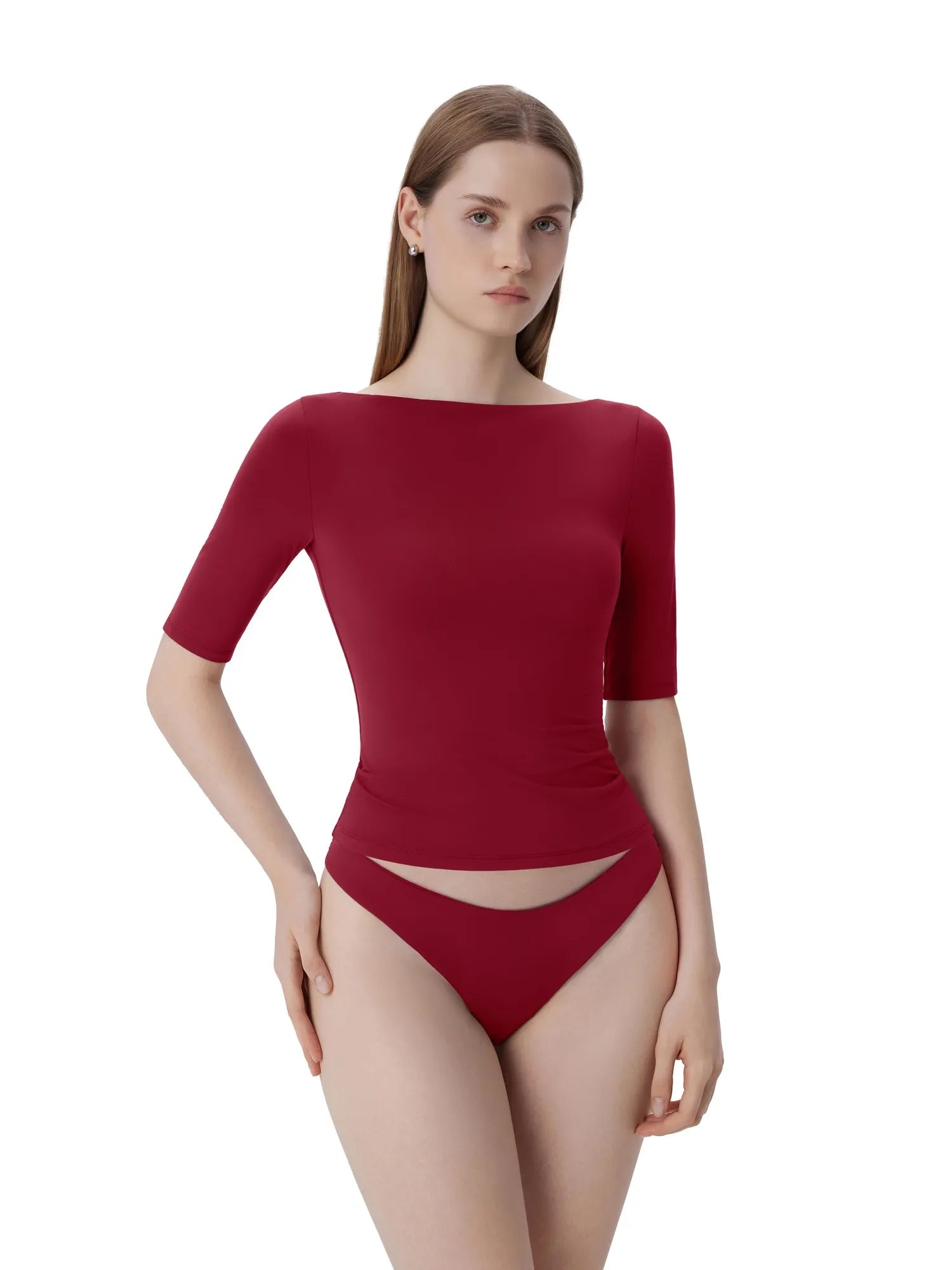 Tight Fitted Half Sleeve Boat Neck Shirt-SUUKSESS-SUUKSESS