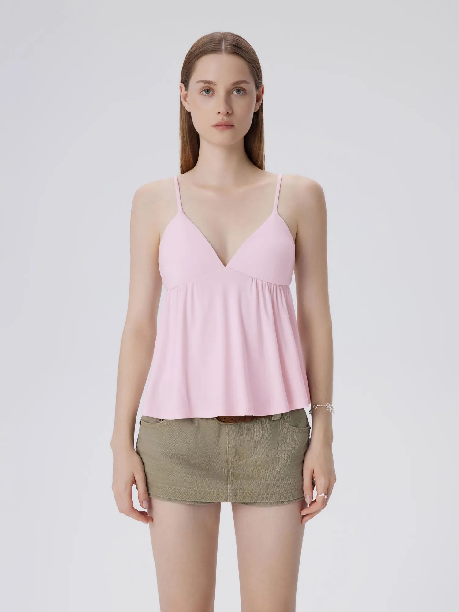 Babydoll Peplum V Neck Tank Tops-SUUKSESS-Pink-XS-SUUKSESS