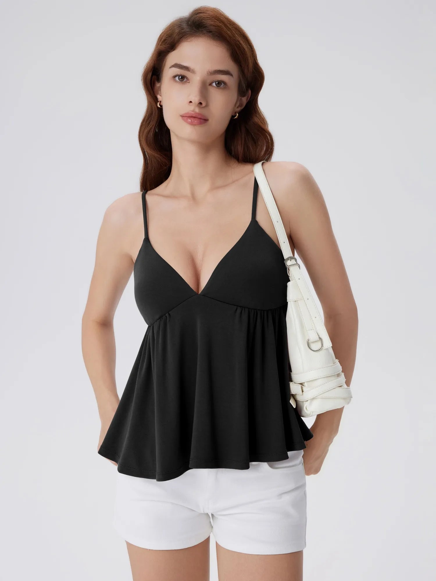 Babydoll Peplum V Neck Tank Tops-SUUKSESS-SUUKSESS