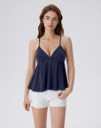 Babydoll Peplum V Neck Tank Tops-SUUKSESS-Navy-XS-SUUKSESS