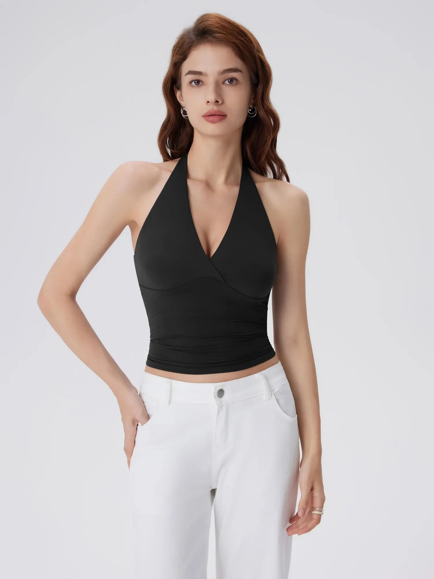 Double Lined V Neck Halter Backless Tank Tops-SUUKSESS-Black-XS-SUUKSESS
