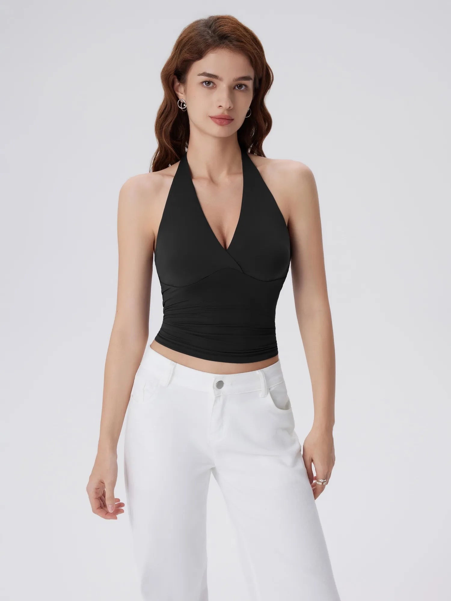 Double Lined V Neck Halter Backless Tank Tops-SUUKSESS-SUUKSESS
