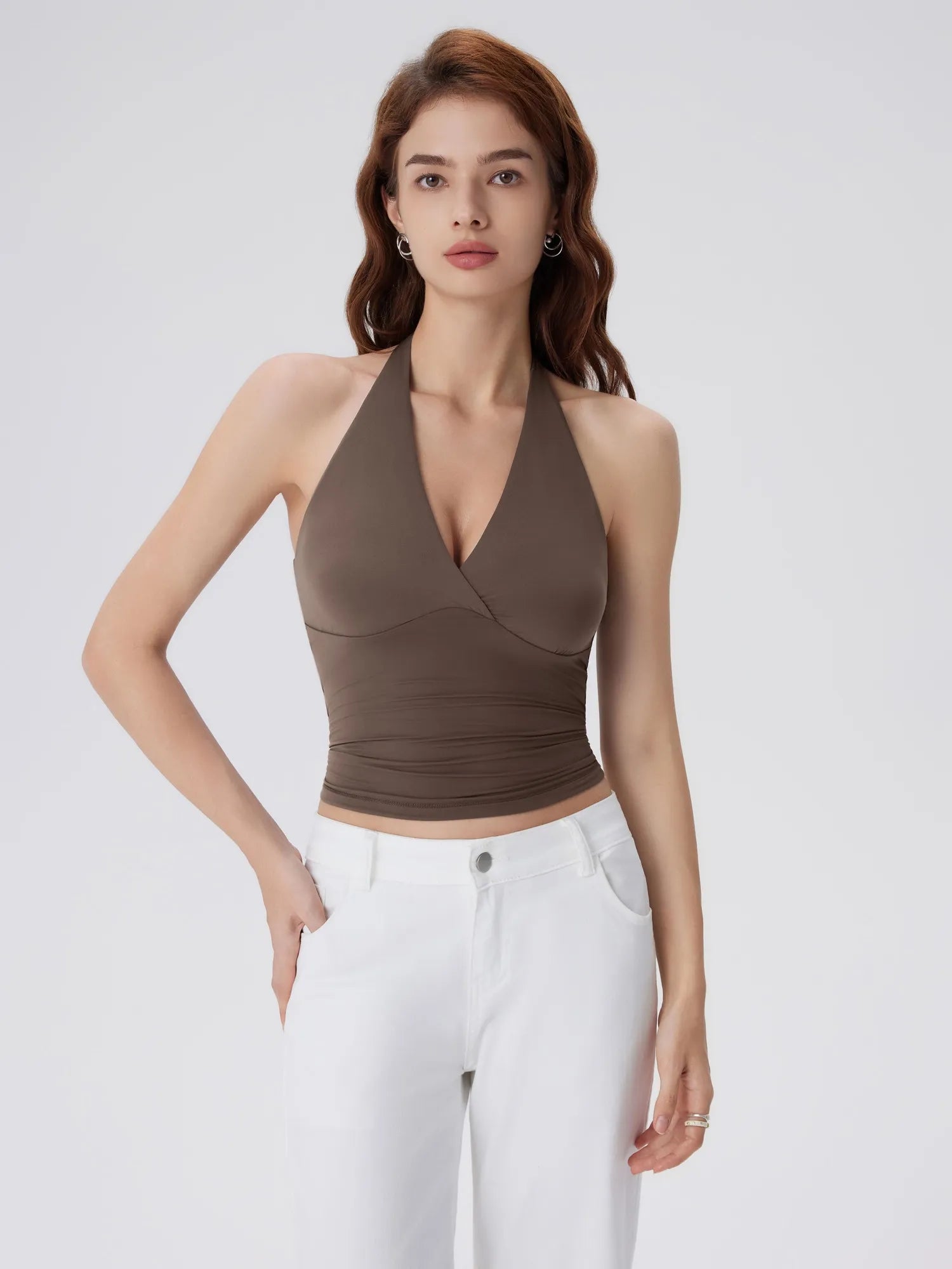 Double Lined V Neck Halter Backless Tank Tops-SUUKSESS-Brown-XS-SUUKSESS