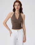 Double Lined V Neck Halter Backless Tank Tops-SUUKSESS-Brown-XS-SUUKSESS