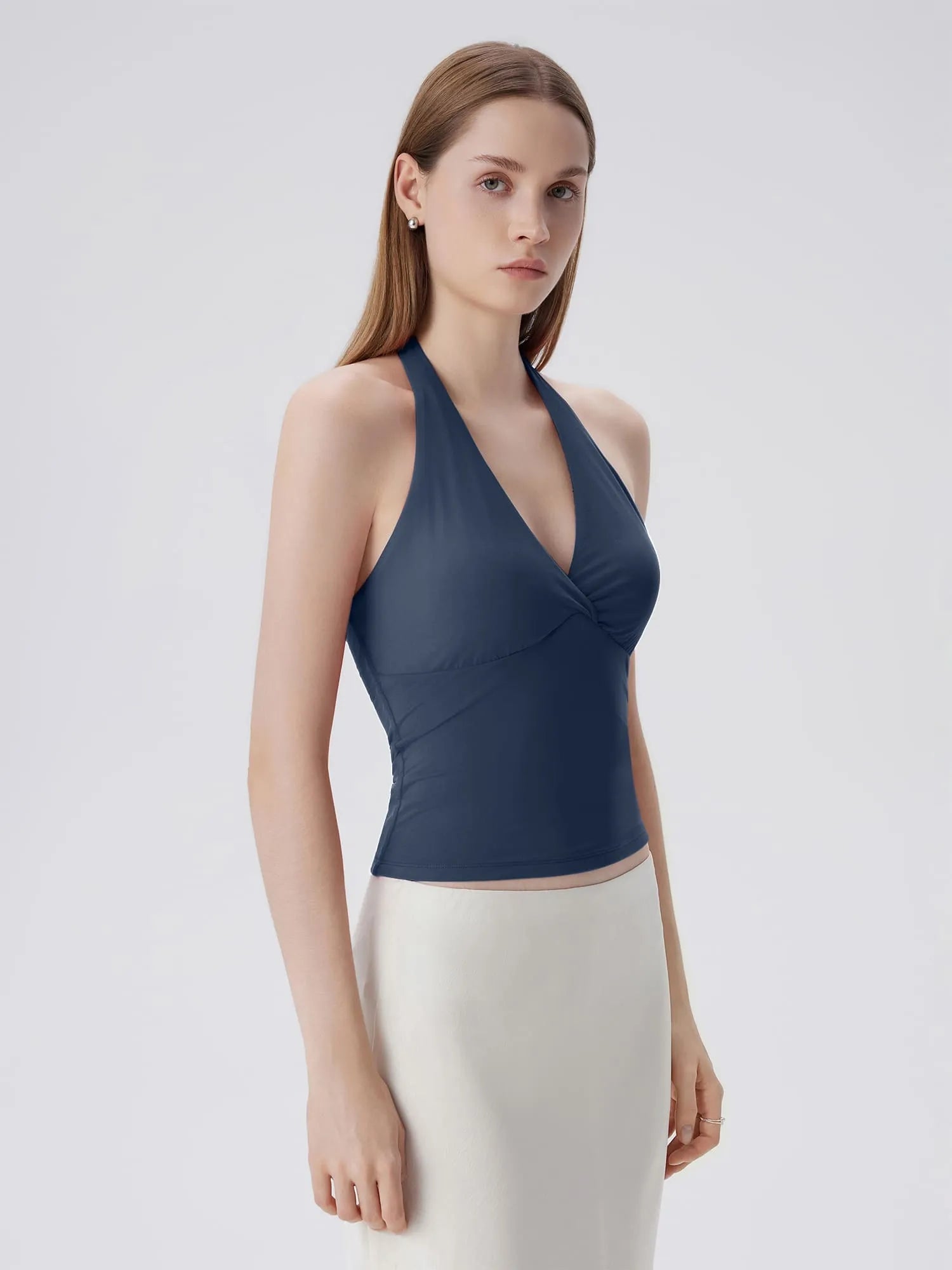 Double Lined V Neck Halter Backless Tank Tops-SUUKSESS-Navy-XS-SUUKSESS