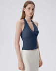 Double Lined V Neck Halter Backless Tank Tops-SUUKSESS-Navy-XS-SUUKSESS