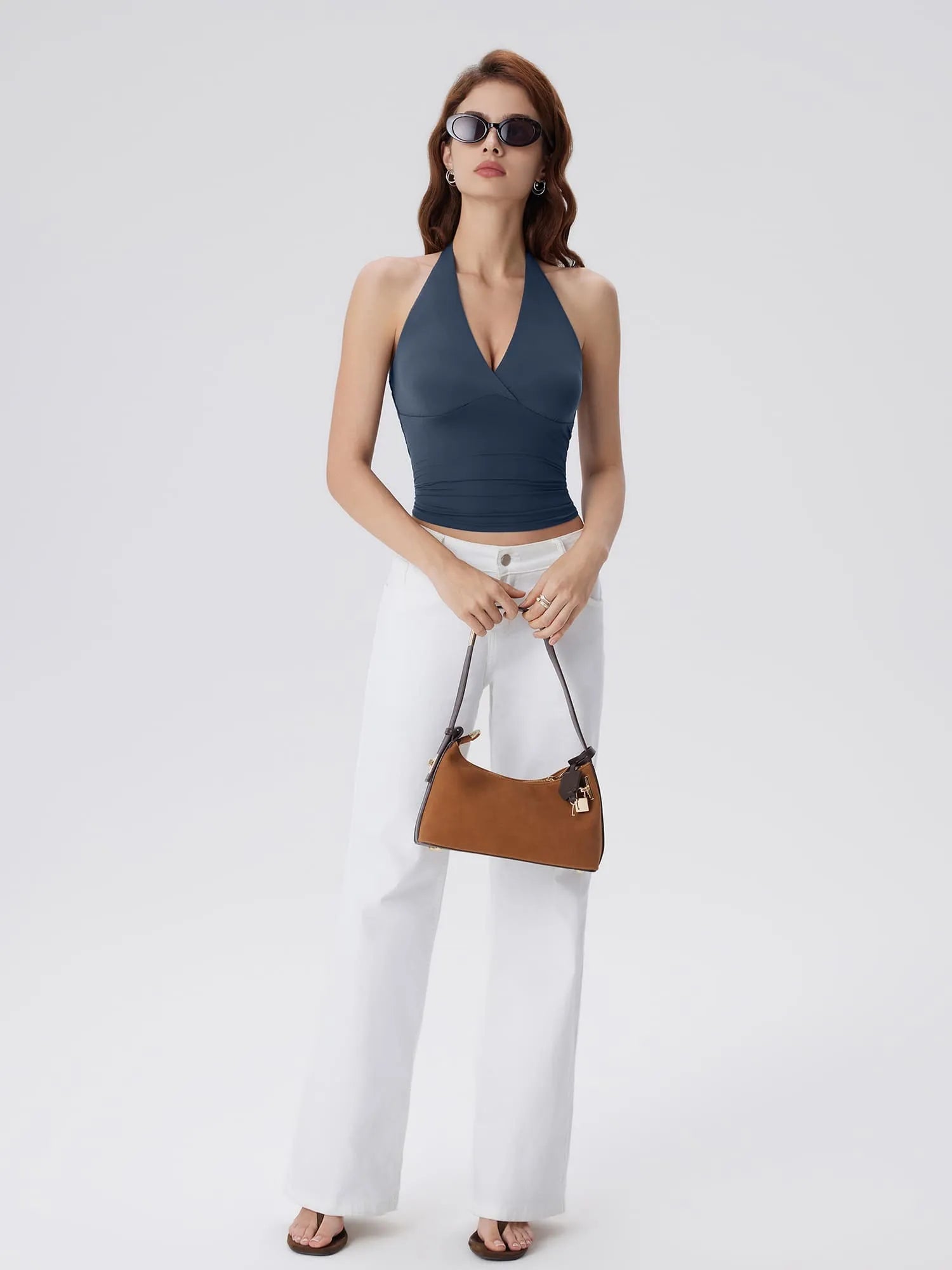 Double Lined V Neck Halter Backless Tank Tops-SUUKSESS-SUUKSESS