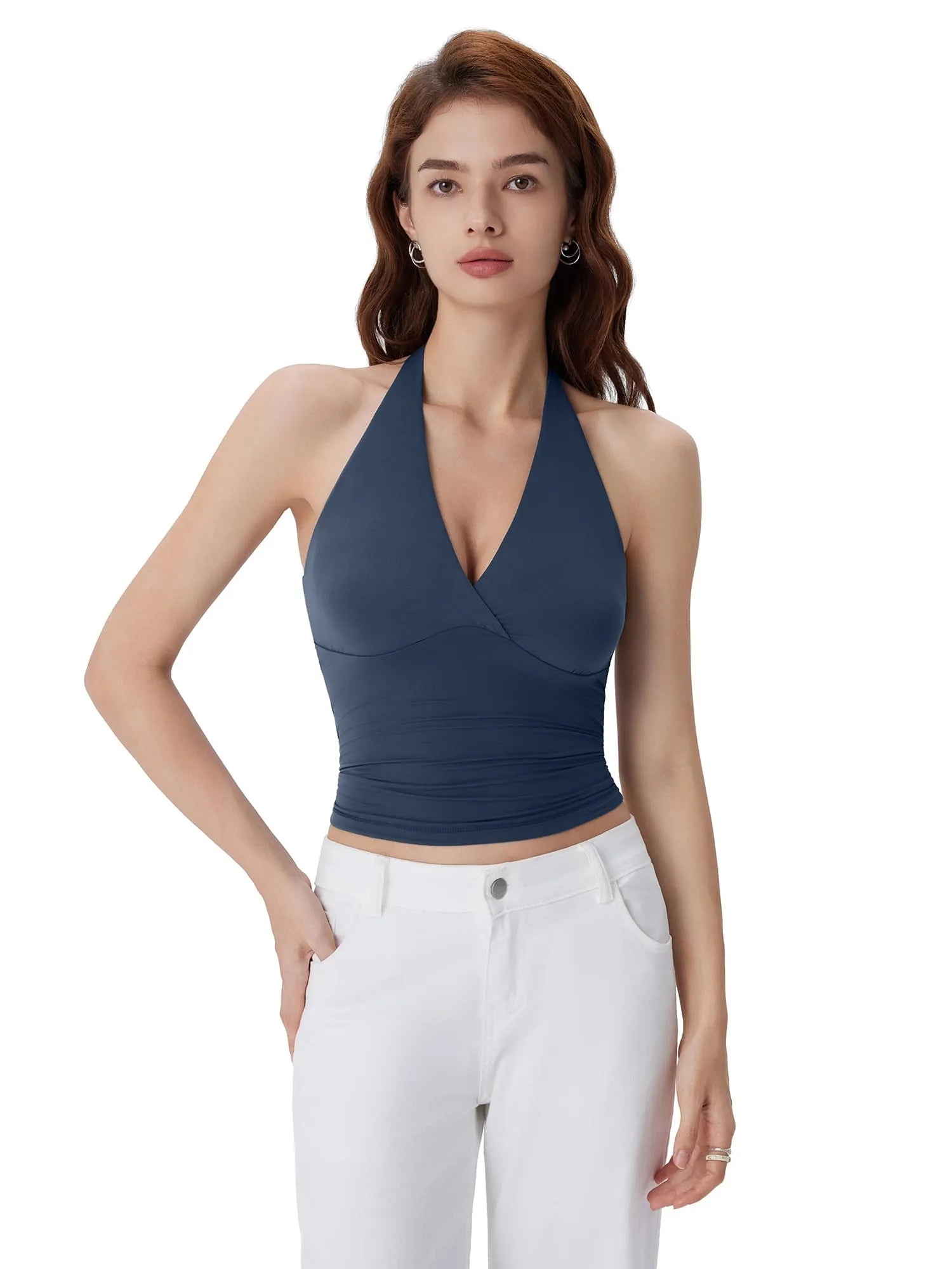 Double Lined V Neck Halter Backless Tank Tops-SUUKSESS-SUUKSESS