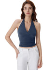 Double Lined V Neck Halter Backless Tank Tops-SUUKSESS-SUUKSESS