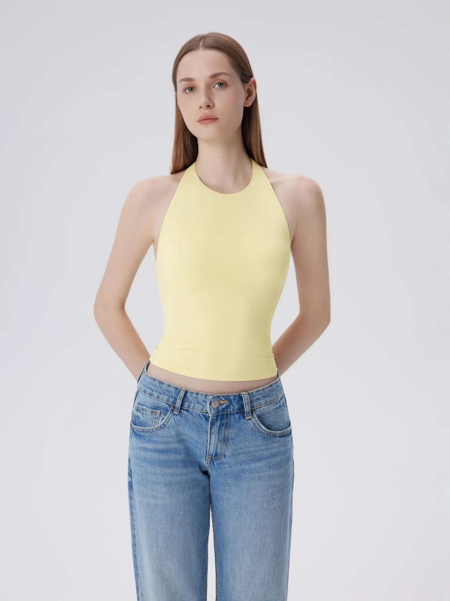 Double Lined V Neck Halter Backless Tank Tops-SUUKSESS-Yellow-XS-SUUKSESS