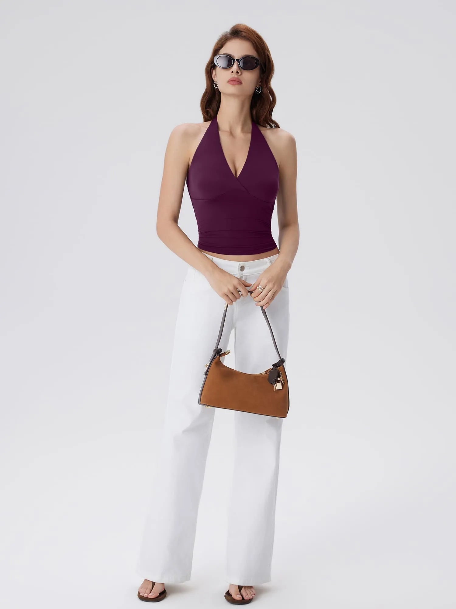 Double Lined V Neck Halter Backless Tank Tops-SUUKSESS-SUUKSESS