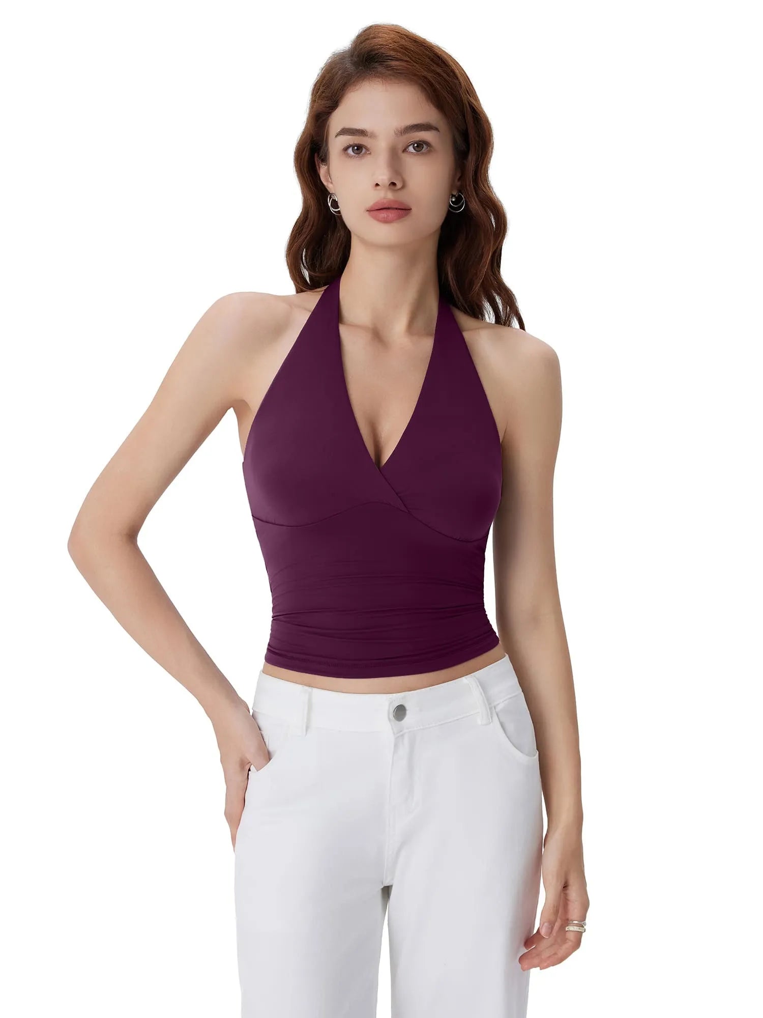 Double Lined V Neck Halter Backless Tank Tops-SUUKSESS-SUUKSESS