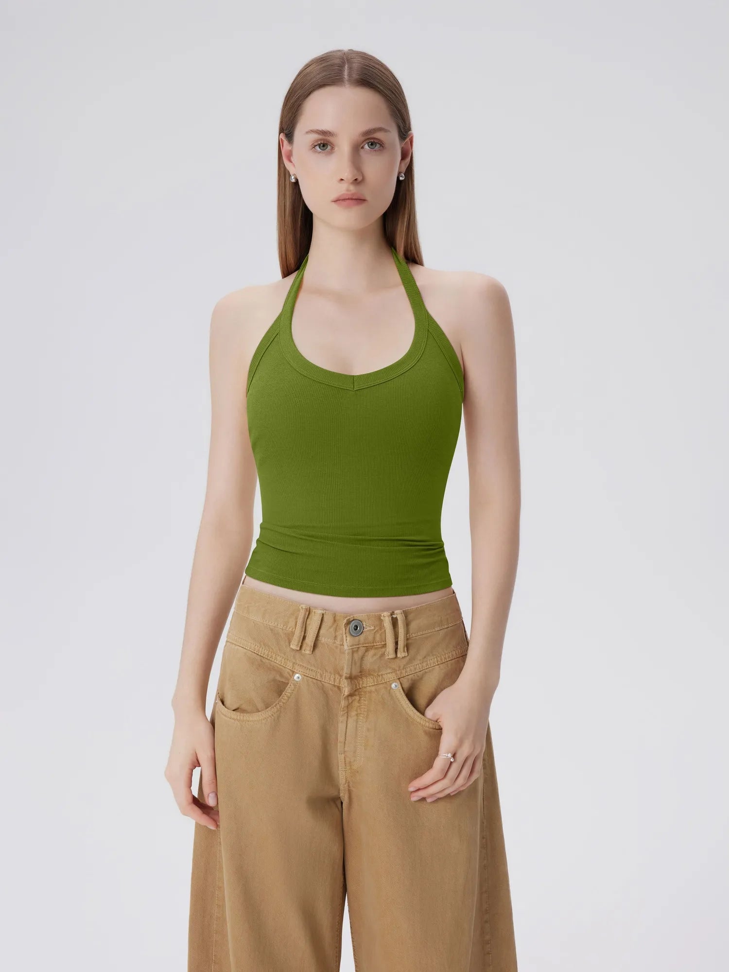 Cotton Ribbed V Neck Halter Tank Top