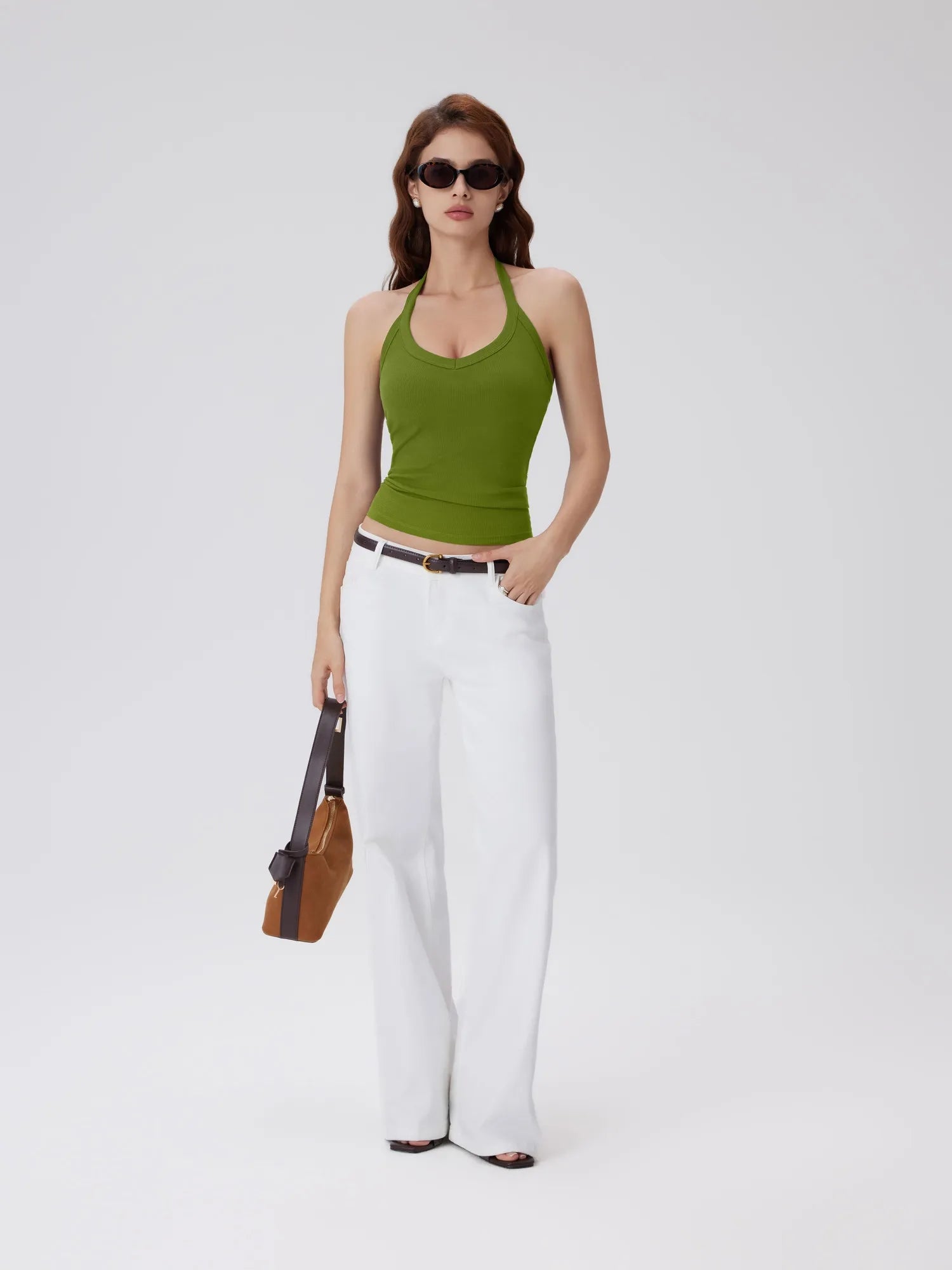 Cotton Ribbed V Neck Halter Tank Top
