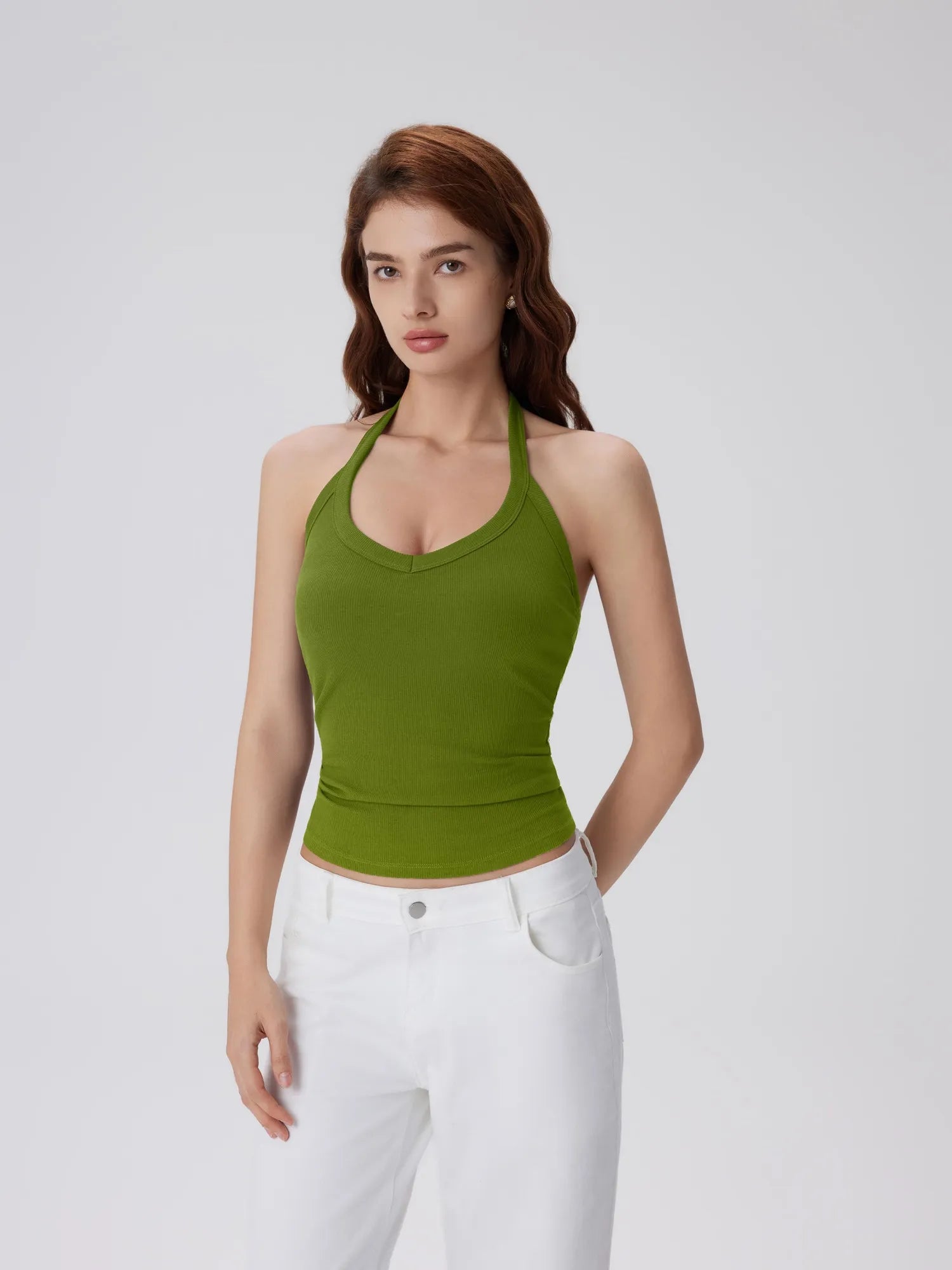 Cotton Ribbed V Neck Halter Tank Top