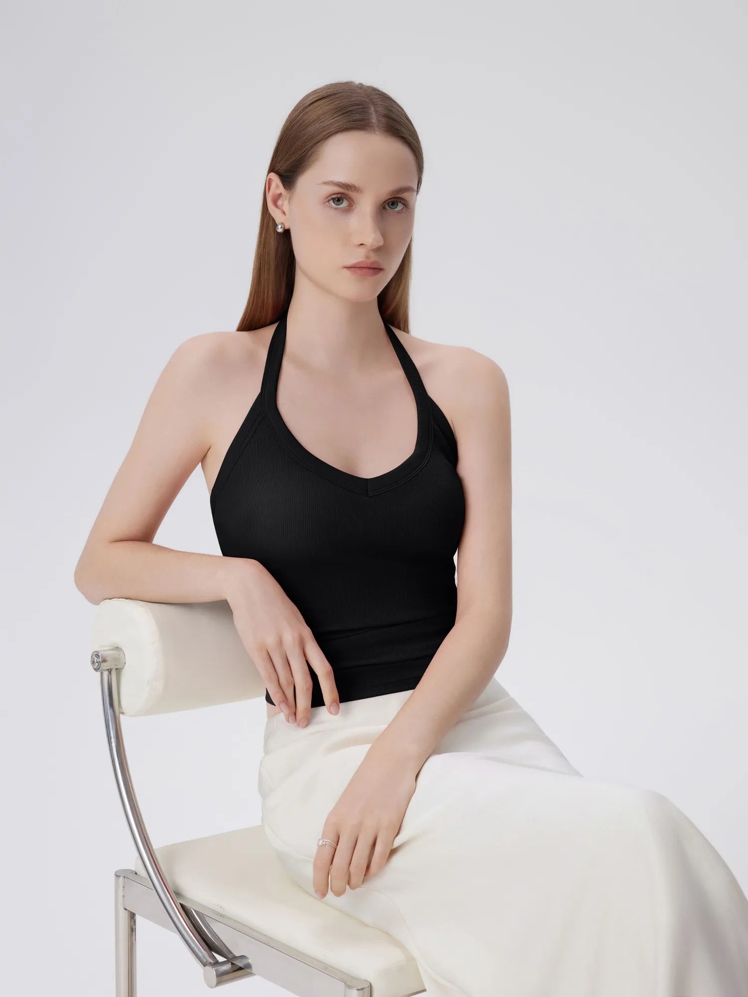 Cotton Ribbed V Neck Halter Tank Top