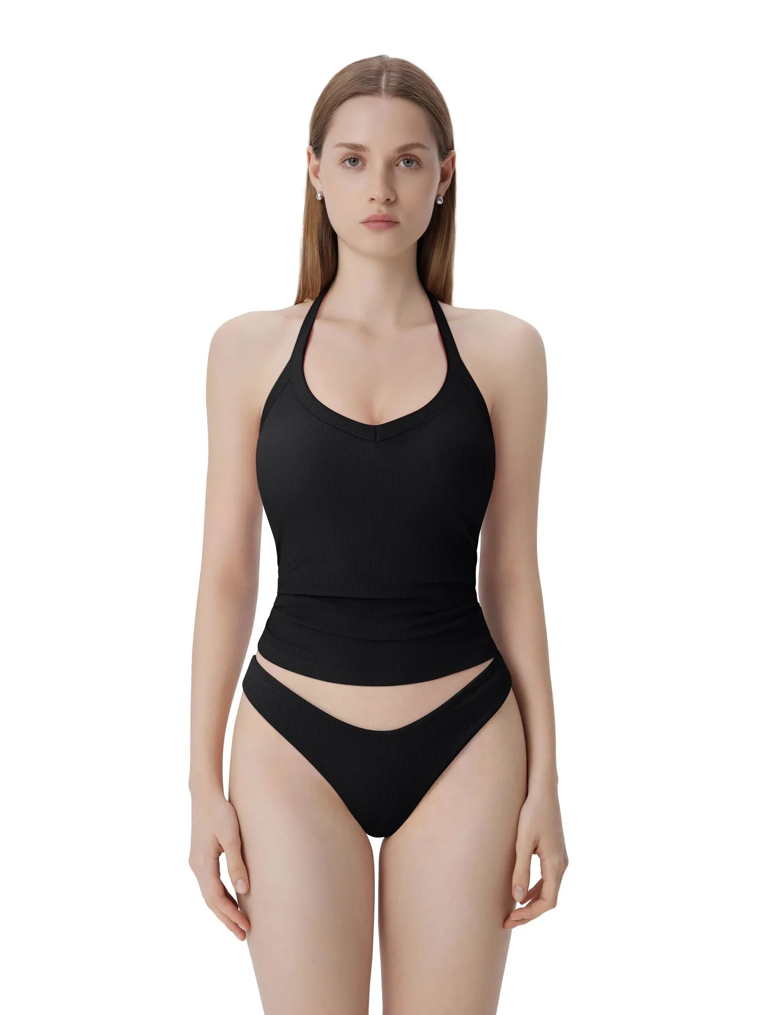 Cotton Ribbed V Neck Halter Tank Top