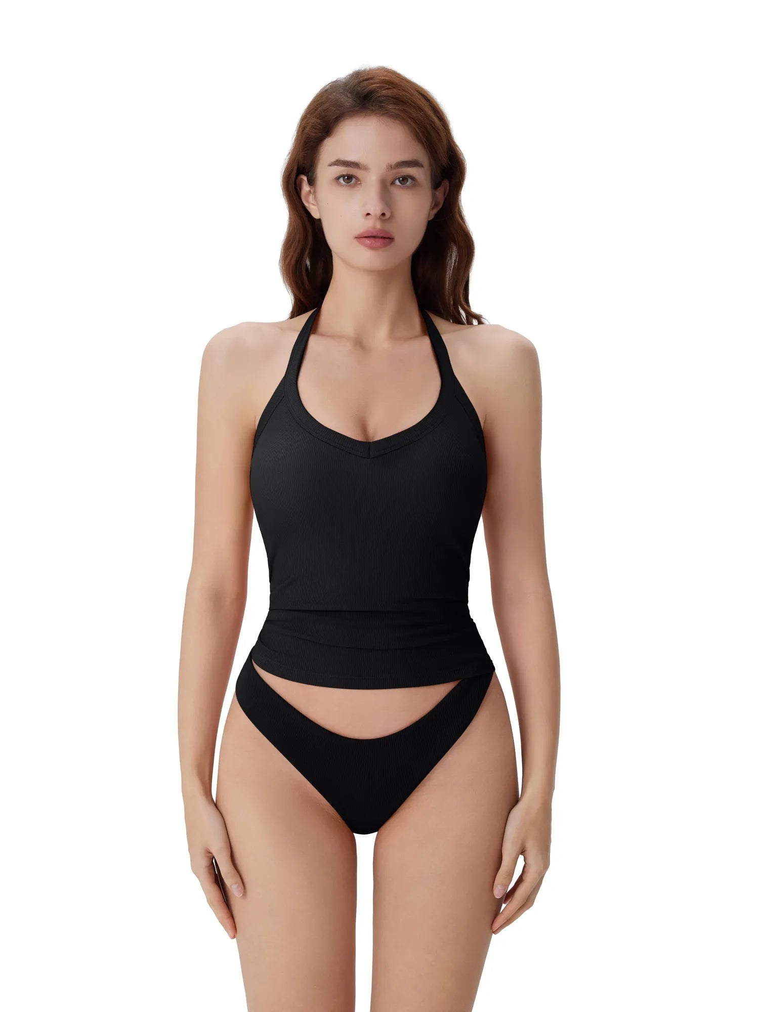 Cotton Ribbed V Neck Halter Tank Top