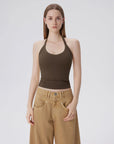 Cotton Ribbed V Neck Halter Tank Top