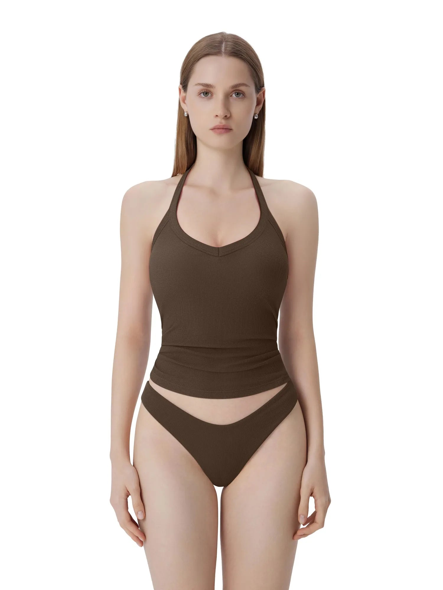 Cotton Ribbed V Neck Halter Tank Top